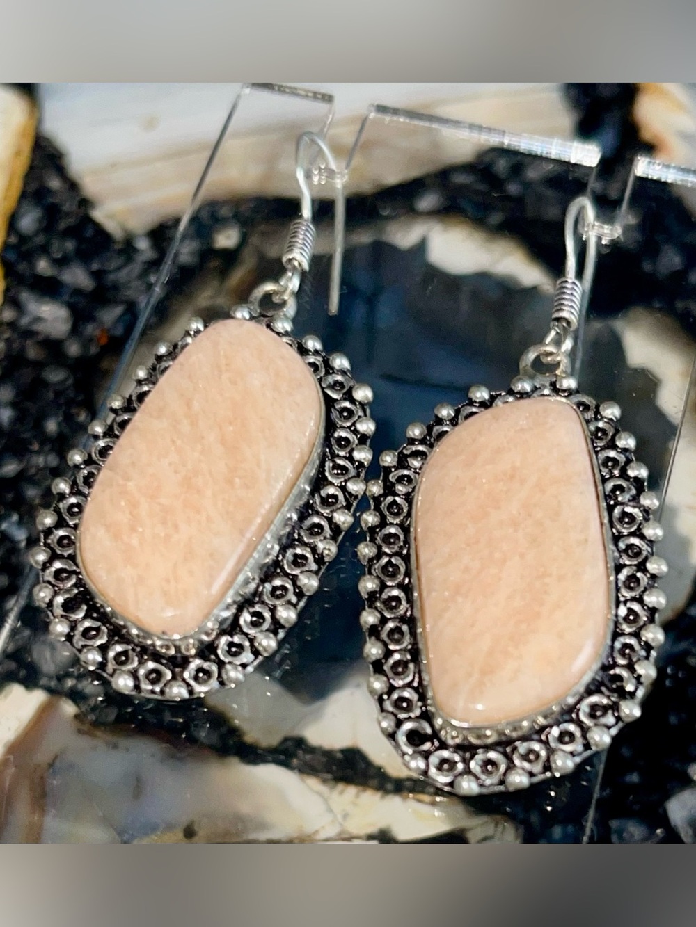Peach Sunstone Earrings 2 1/4”